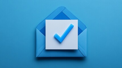 Poster - Blue Envelope with Check Mark Successful Email Confirmation Digital Marketing Concept Approved Message Modern Design Minimalist Style Graphic Design Element    
