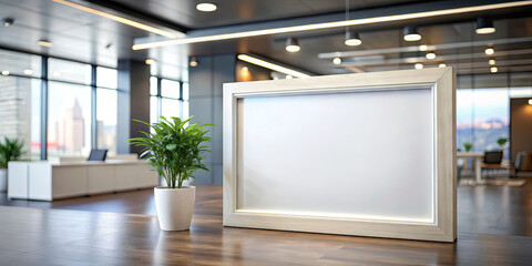 Poster - A contemporary office interior showcases a blank frame and a potted plant. Natural light filters through large windows, highlighting the sleek design and urban skyline outside