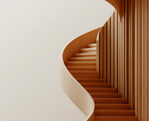 Poster - Elegant Wooden Spiral Staircase: A graceful climb with warm wood tones and minimalist design, inviting upward exploration in modern architecture. Interior elegance.