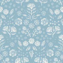 Wall Mural - Vector Seamless Bold Floral Pattern Textured Blue Pattern