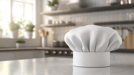 Poster - White Chefs Hat on Kitchen Countertop Modern Kitchen Interior Design Restaurant Cooking Culinary Professional Chef Hat Cooking Food Culinary Arts Background    