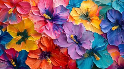 Poster - Vibrant Colorful Hibiscus Flowers Impasto Painting Rich Texture Artistic Floral Summer Bloom Botanical Art Beautiful Nature Image Vivid Palette Red Oil Joy Pink