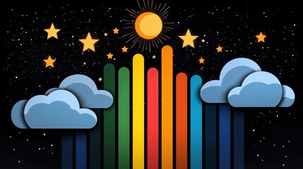 Poster - Pixel Rainbow Night Sky with Stars and Clouds