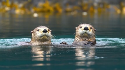 Wall Mural - Two sea otters swimming in the ocean
