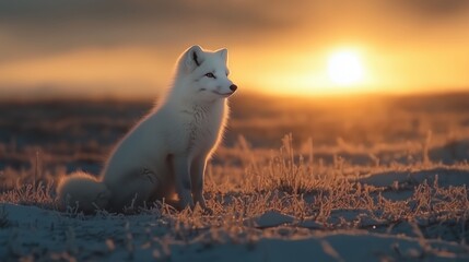 Wall Mural - White arctic fox sitting in snowy landscape at sunset