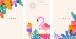 © Marina Zlochin - Hello Summer vertical backgrounds with tropical icons. Colorful flat vector illustration of flamingo, jungle leaves, watermelon, swimsuit, sunglasses, and ice cream in modern vibrant style.