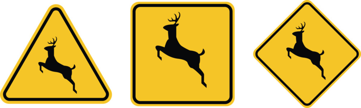 deer crossing on yellow rhombus. deer crossing sticker , deer crossing sign , deer crossing symbol , road sign icon, deer crossing vector illustration 