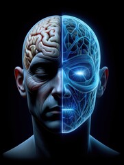 Poster - This artwork reveals the intricate connection between the human brain and the blueprint of technology showcasing emotions and intellectual capacity intertwined with circuitry.
