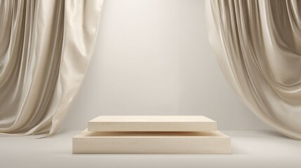 Poster - Elegant stage presentation platform with smooth draped curtains in soft neutral tones, ideal for showcasing products or art in a professional setting