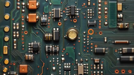 Poster - Closeup Detailed Green Circuit Board Technology Electronic Components Digital Background High Resolution Detailed Image Professional Photography Modern         