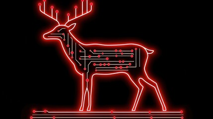 Poster - Neon Red Deer Outline Against Black Background with Glowing Lights
