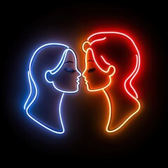 Poster - Neon Artwork Two Women's Faces in Profile, Cool Blue and Warm Orange