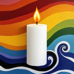 Poster - White Candle Flame Against Rainbow Wave Background