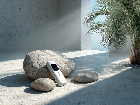 Tranquil outdoor setting, white stone with AI translator device, warm tones, large rock, smaller rockspebbles, sandy surface beach or spa area, tropical plants, lush green leaves, su - AI-Generated