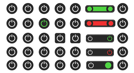 Poster - Power Button Vector Set On and Off State Icons UI Design Elements Black and Green Red System Toggle