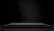 © Yusuf - Black podium or pedestal display on dark background with long platform. Blank product shelf standing backdrop. 3D rendering, cinematic. White tone