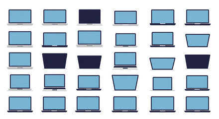 Poster - Diverse collection of open laptops symbolizing modern tech productivity in a flat design on clean
