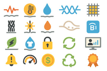 Poster - Various icons representing different concepts such as temperature, water, energy, and data in a modern design