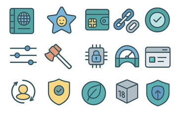 Poster - Digital icons representing security, identity, and technology in a modern design layout