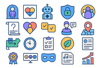 Poster - Icon collection showcasing healthcare, security, and technology themes designed in a modern flat style