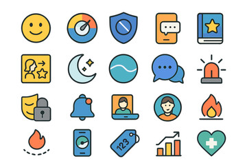 Poster - Collection of colorful flat icons depicting various emotions, activities, and safety symbols for digital applications