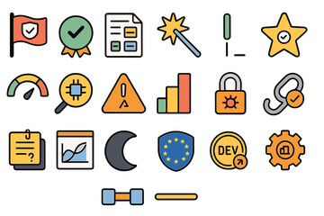 Poster - Icons representing various concepts such as achievement, security, development, and analysis in a minimalist design suitable for digital use