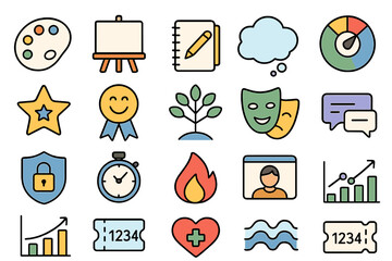 Poster - Colorful collection of creative icons showcasing art, communication, and growth concepts for modern design