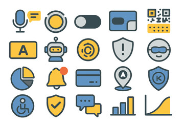 Poster - Collection of colorful icons representing technology, communication, security, and data visualization in modern design