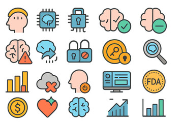 Poster - Icons representing mental health, technology, data security, and health regulations in a creative design format