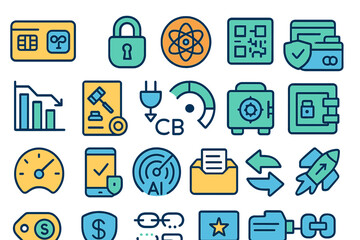 Poster - Various colored icons representing technology, security, and finance in a modern digital world