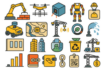 Poster - Illustrations of various construction, technology, and AI elements showcasing modern tools and activities in development
