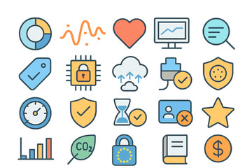 Poster - Icons representing technology, data, and environmental themes in a colorful and modern graphic design setting