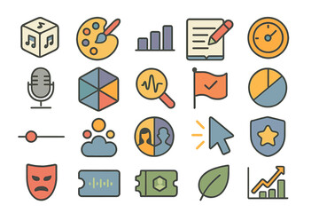 Poster - Colorful icons representing various activities and concepts related to creativity, entertainment, and data analysis