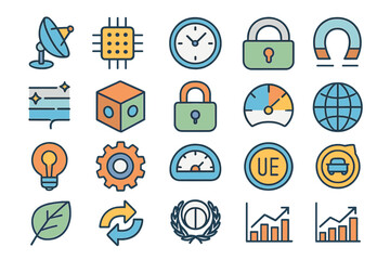 Poster - Creative collection of digital icons illustrating technology, security, and innovation in a modern design aesthetic