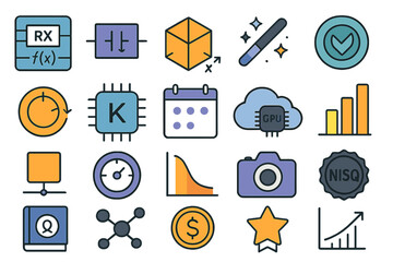Poster - Various colorful icons representing technology, finance, and data analysis in a modern design style