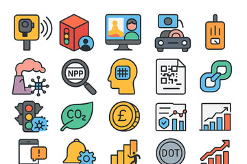 Poster - Collection of various icons representing technology, education, and communication concepts in a colorful design