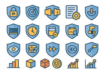 Poster - Variety of digital security icons on shields representing protection and technology in cybersecurity