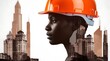 © Sina Blaze - Creative double exposure of a confident female construction worker wearing a safety helmet overlaid with skyscrapers, symbolizing urban development and architectural vision