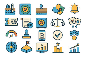 Poster - Colorful illustrations of digital icons representing technology, finance, and data analysis displayed on a bright background