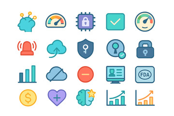 Poster - Collection of colorful icons representing digital security, data analytics, and health monitoring concepts at a tech conference