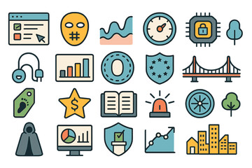 Poster - Diverse collection of modern icons representing technology, security, finance, and urban life in a vibrant and colorful style