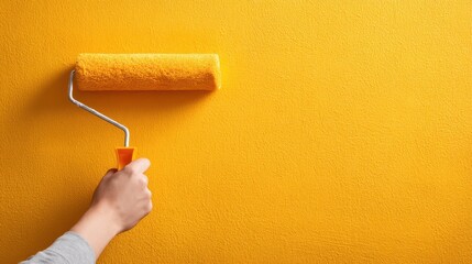 Poster - Hand Holding Paint Roller on Bright Yellow Wall, Home Improvement, Renovation, DIY Project, Painting Interior Space for Fresh Look