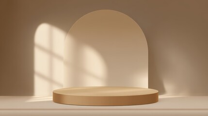 Poster - Minimalistic display pedestal with soft shadows in beige tones featuring an arch background for product showcasing or artistic presentation