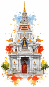watercolor painting of an ornate, tiered southeast asian temple, featuring gold accents, a central s