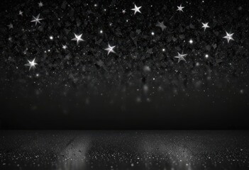 Wall Mural - Metallic silver glitter stars twinkle on black  Dark festive background , decoration, luxury