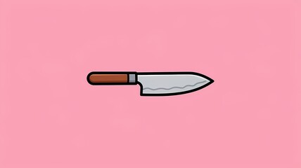 A sharp kitchen knife is isolated on a pink background. Its sleek blade gleams and the handle is made of wood