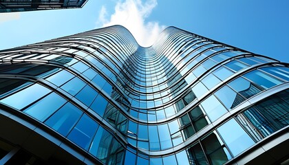 Poster - Modern skyscraper design urban cityscape architectural photography clear blue sky low angle view innovative structures
