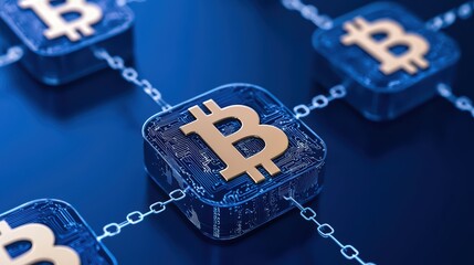 Poster - Futuristic Blockchain Concept with Bitcoin Symbols and Ethernet Cables on Blue Background for Cryptocurrency Theme