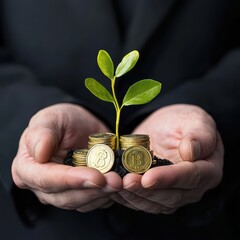 Poster - Hands Holding Coins with Plant Symbolizing Growth and Investment in Cryptocurrency and Financial Success