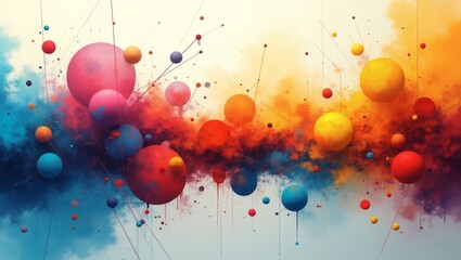 Aufkleber - A vibrant abstract composition with colorful floating spheres and clouds. The image bursts with dynamic energy, showcasing a lively interplay of hues and forms